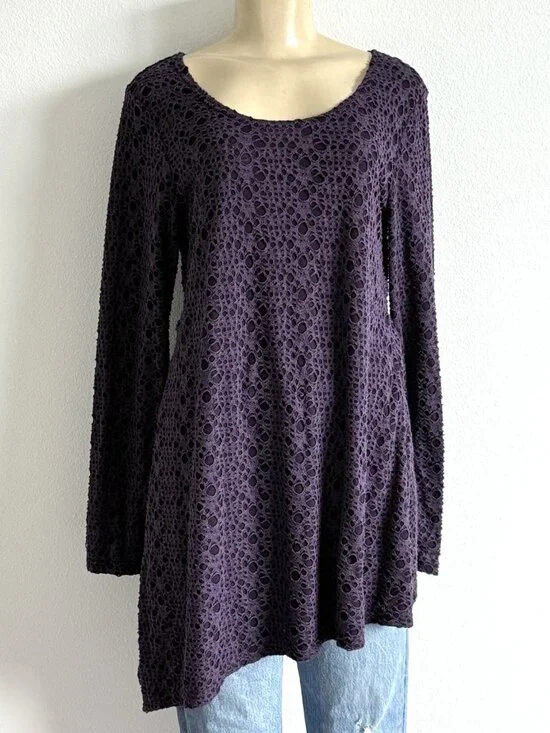 Cut Loose Purple Textured Holes Knit Asymmetrical Tunic Top Lagenlook Made USA M - Picture 1 of 8